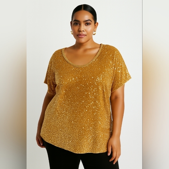 Roaman's Tops - Roaman's Velour Sparking Pailette Short Sleeve Evening Top Gold 2X